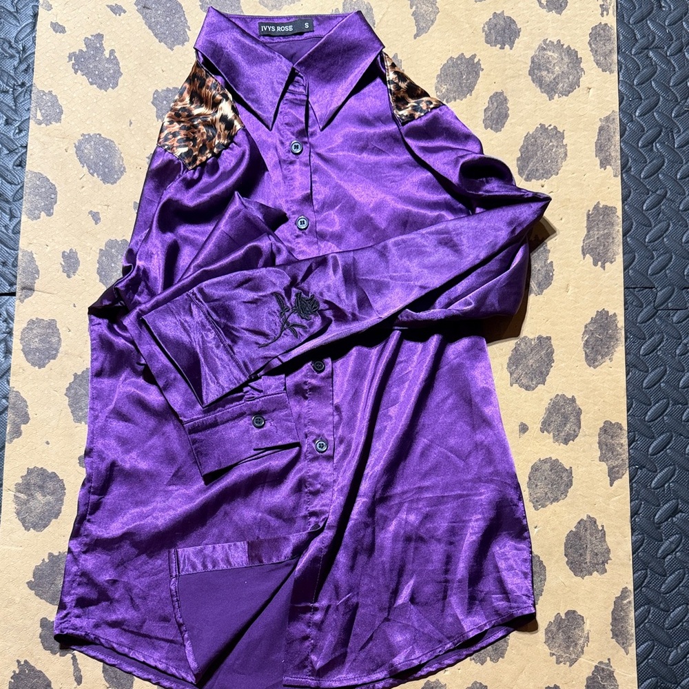 Ivy’s Rose Rodeo shirt Purple Satin Button-Up Shirt with Leopard Accents